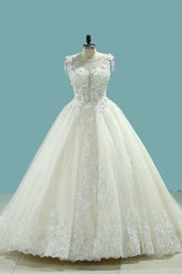 Gorgeous Ball Gown Jewel Champagne Tulle Wedding Dress Lace Appliques Beadings Bridal Gowns with Tassels-27dress