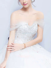 Gorgeous Ball Gown Off-the-shoulder Tulle Court Train Wedding Dress With Beading