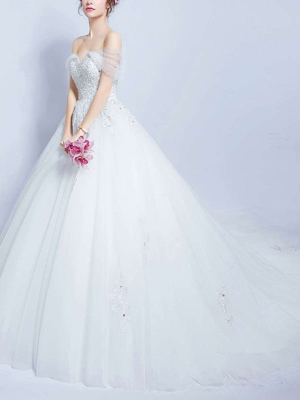 Gorgeous Ball Gown Off-the-shoulder Tulle Court Train Wedding Dress With Beading