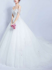 Gorgeous Ball Gown Off-the-shoulder Tulle Court Train Wedding Dress With Beading
