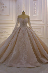 Gorgeous Ball Gown Strapless Sequins Wedding Dress Long Sleeves Tulle Lace Bridal Gowns On Sale-27dress
