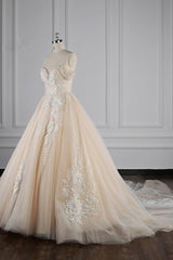 Gorgeous Ball Gown Tulle Lace Wedding Dress Champagne Appliques Off-the-Shoulder Bridal Gowns with Beadings On Sale-27dress