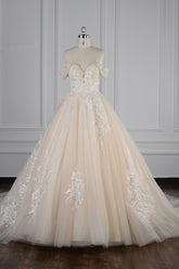 Gorgeous Ball Gown Tulle Lace Wedding Dress Champagne Appliques Off-the-Shoulder Bridal Gowns with Beadings On Sale-27dress
