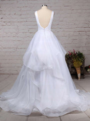 Gorgeous Ball Gown V-neck Organza Wedding Dress with Sweep Train and Cascading Ruffles
