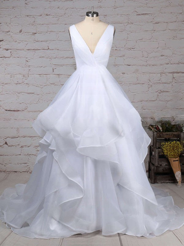 Gorgeous Ball Gown V-neck Organza Wedding Dress with Sweep Train and Cascading Ruffles