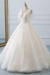 Gorgeous Ball Gown V-Neck Tulle Beadings Wedding Dress Rhinestones Appliques Bridal Gowns with Short Sleeves On Sale-27dress