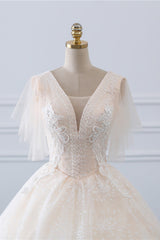 Gorgeous Ball Gown V-Neck Tulle Beadings Wedding Dress Rhinestones Appliques Bridal Gowns with Short Sleeves On Sale-27dress