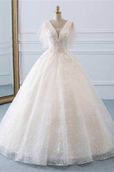 Gorgeous Ball Gown V-Neck Tulle Beadings Wedding Dress Rhinestones Appliques Bridal Gowns with Short Sleeves On Sale-27dress