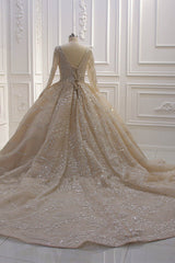 Gorgeous Ball Gown V-neck Wedding Dress Long Sleeves Applqiues Sequined Bridal Gowns Online-27dress