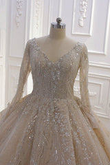 Gorgeous Ball Gown V-neck Wedding Dress Long Sleeves Applqiues Sequined Bridal Gowns Online-27dress