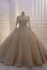 Gorgeous Ball Gown V-neck Wedding Dress Long Sleeves Applqiues Sequined Bridal Gowns Online-27dress