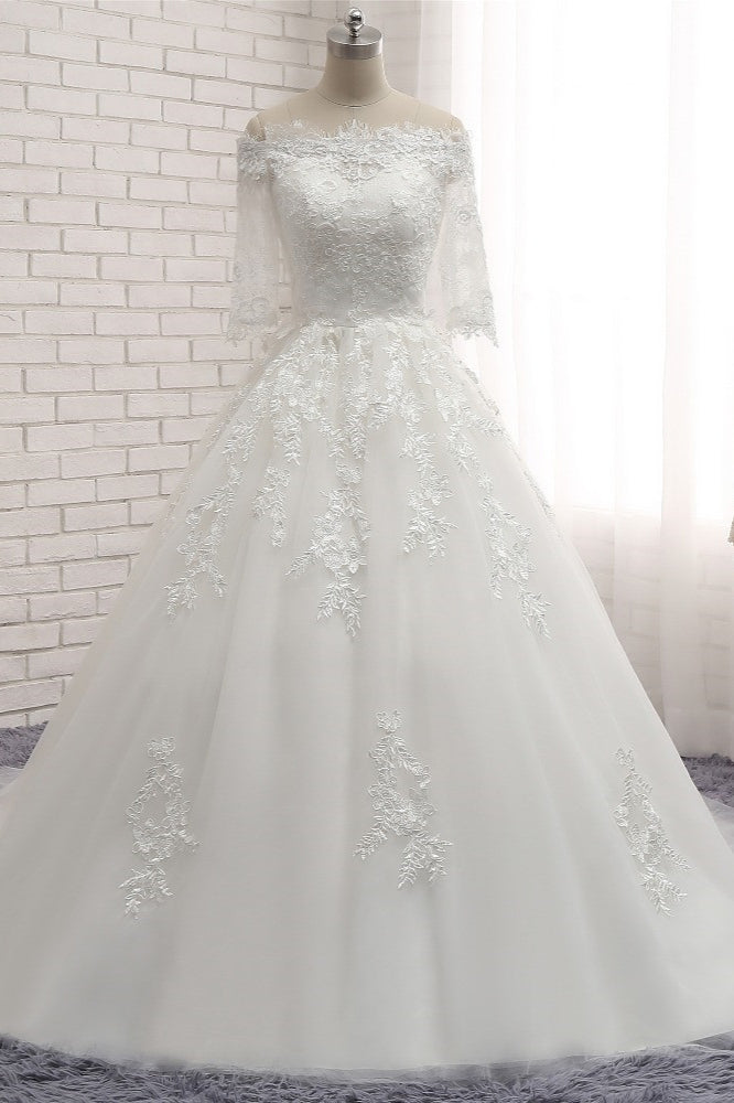 Gorgeous Bateau Halfsleeves White Wedding Dresses With Appliques A-line Tulle Ruffles Bridal Gowns Online-27dress
