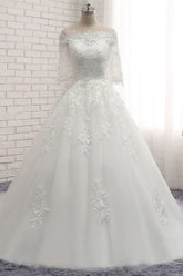 Gorgeous Bateau Halfsleeves White Wedding Dresses With Appliques A-line Tulle Ruffles Bridal Gowns Online-27dress