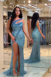 Gorgeous Blue Strapless Mermaid Prom Dress Split With Beadings