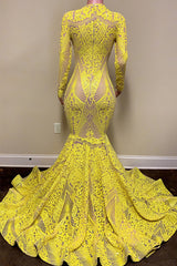 Gorgeous Bright Yellow Long Sleeves Long Mermaid Prom Dress With Embroidery