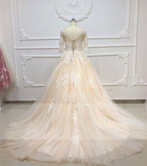 Gorgeous Champagne Tulle Half Sleeve Long Wedding Dress White Lace Applique Bridal Gowns On Sale-27dress