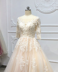Gorgeous Champagne Tulle Half Sleeve Long Wedding Dress White Lace Applique Bridal Gowns On Sale-27dress