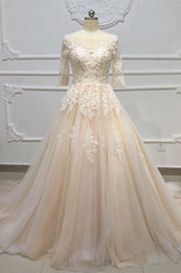 Gorgeous Champagne Tulle Half Sleeve Long Wedding Dress White Lace Applique Bridal Gowns On Sale-27dress
