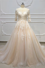 Gorgeous Champagne Tulle Half Sleeve Long Wedding Dress White Lace Applique Bridal Gowns On Sale-27dress