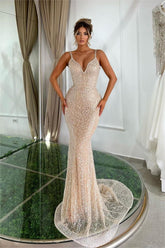 Gorgeous Champaign Gold Straps Sleeveless Mermaid Long Prom Dress With Beading