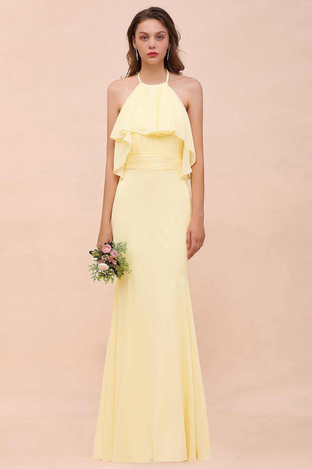 Gorgeous Daffodil Mermaid Halter Ruffle Bridesmaid Dress-27dress