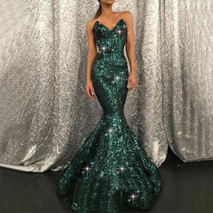 Gorgeous Dark Green Strapless Sleeveless Long Mermaid Sequins Prom Dress
