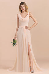 Gorgeous Drapped Neckline Ruffle Chiffon Bridesmaid Dresses Online with Slit-27dress