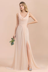 Gorgeous Drapped Neckline Ruffle Chiffon Bridesmaid Dresses Online with Slit-27dress