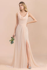 Gorgeous Drapped Neckline Ruffle Chiffon Bridesmaid Dresses Online with Slit-27dress