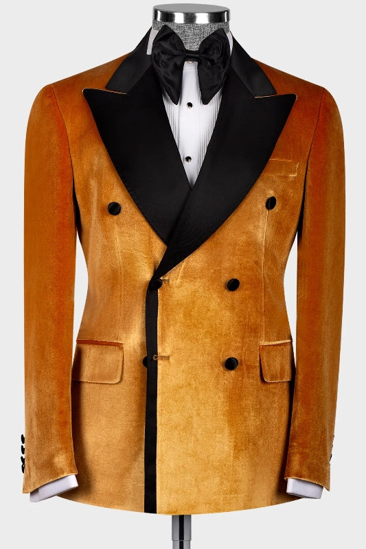 Gorgeous Peaked Lapel Double Breasted Velvet Gold Prom Suits