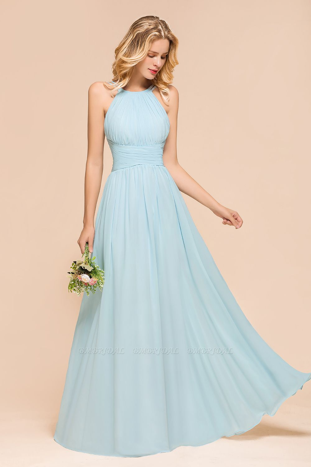 Gorgeous Halter Ruffle Sky Blue Affordable Bridesmaid Dress-27dress