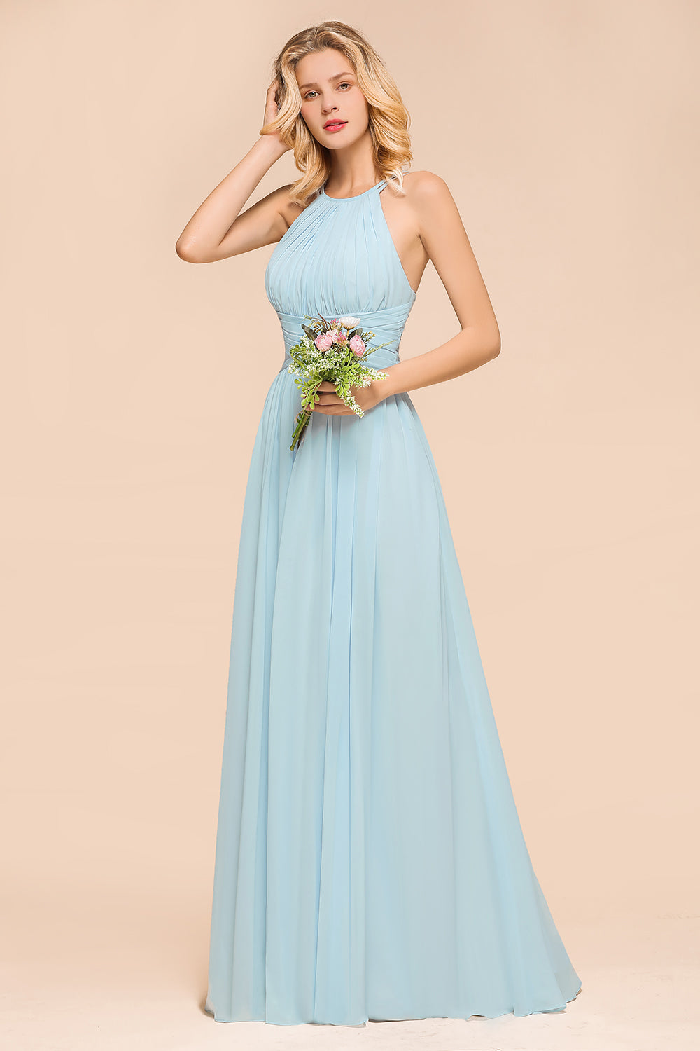 Gorgeous Halter Ruffle Sky Blue Affordable Bridesmaid Dress-27dress