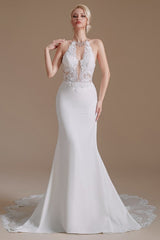 Gorgeous Halter Sleeveless Mermaid Wedding Dress With Appliques-27dress