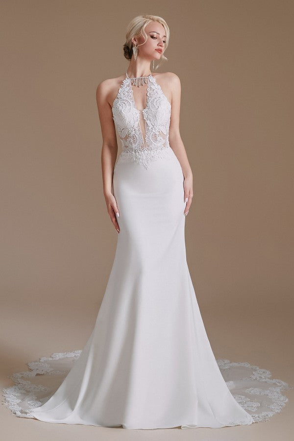Gorgeous Halter Sleeveless Mermaid Wedding Dress With Appliques-27dress