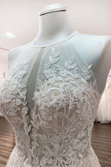 Gorgeous Halter Sleeveless Tulle Ivory Wedding Dresses With Lace-27dress