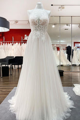 Gorgeous Halter Sleeveless Tulle Ivory Wedding Dresses With Lace-27dress