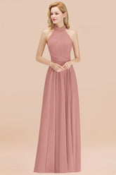 Gorgeous High-Neck Halter Backless Bridesmaid Dress Dusty Rose Chiffon Maid of Honor Dress-27dress