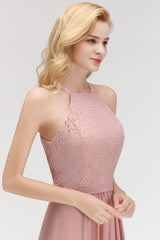 Gorgeous High-Neck Halter Lace Affordable Bridesmaid Dress with Ruffle-27dress