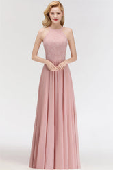 Gorgeous High-Neck Halter Lace Affordable Bridesmaid Dress with Ruffle-27dress