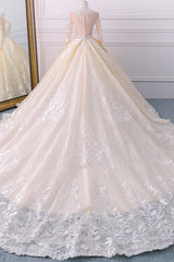 Gorgeous Jewel Champagne Tulle Lace Wedding Dress Long Sleeves Appliques Bridal Gowns Online-27dress