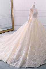 Gorgeous Jewel Champagne Tulle Lace Wedding Dress Long Sleeves Appliques Bridal Gowns Online-27dress