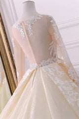 Gorgeous Jewel Champagne Tulle Lace Wedding Dress Long Sleeves Appliques Bridal Gowns Online-27dress