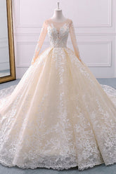 Gorgeous Jewel Champagne Tulle Lace Wedding Dress Long Sleeves Appliques Bridal Gowns Online-27dress