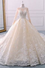 Gorgeous Jewel Champagne Tulle Lace Wedding Dress Long Sleeves Appliques Bridal Gowns Online-27dress