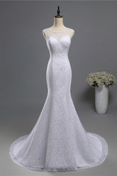 Gorgeous Jewel Lace Mermaid Wedding Dress Sleeveless Appliques Bridal Gowns with Rhinestones-27dress