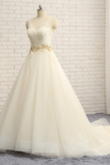 Gorgeous Jewel Sleeveless A-Line Tulle Wedding Dress Lace Appliques Bridal Gowns with Beadings-27dress