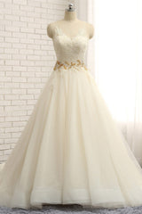 Gorgeous Jewel Sleeveless A-Line Tulle Wedding Dress Lace Appliques Bridal Gowns with Beadings-27dress