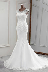 Gorgeous Jewel Sleeveless White Lace Mermaid Wedding Dresses with Appliques-27dress