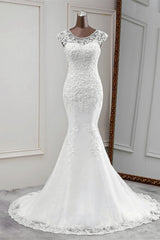 Gorgeous Jewel Sleeveless White Lace Mermaid Wedding Dresses with Appliques-27dress