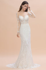 Gorgeous Jewel Tulle Lace Wedding Dress Long Sleeves Appliques Mermaid Bridal Gowns On Sale-27dress